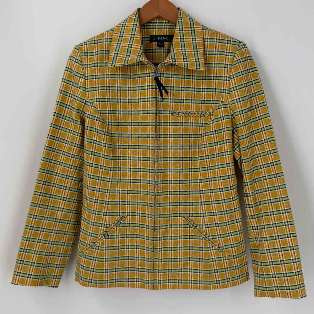 J. MAC Vintage Plaid Zip Front Jacket Yellow Green Orange Size 4 Made in USA